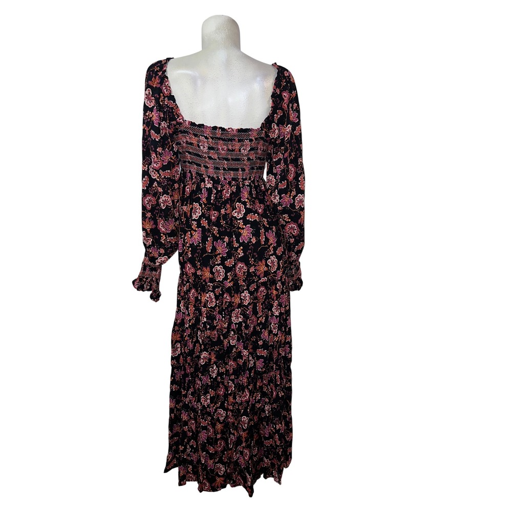 Free People Womens Smocked Floral Midi Dress Black Pink Long Sleeve Size M Boho - Picture 5 of 8